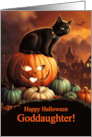 Goddaughter Halloween with Cat and Pumpkins Village card