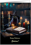 Godson Happy Halloween with Black Cat and Magic Books Custom card
