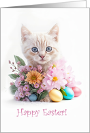 Happy Easter Cute Ginger Kitten in Flowers and Easter Eggs Custom card
