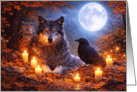 Autumn Equinox Wolf Owl Raven Moon and Candles Fall Colors card