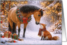 Christmas Holidays with Fox and Horse Cute Woodland Trees Fantasy card