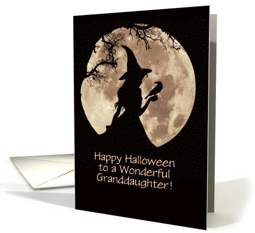 Granddaughter Happy Halloween Witch Moon and Raven Custom Text card
