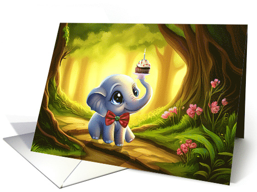 Birthday Cute Elephant and Cup Cake In Nature Happy Birthday card