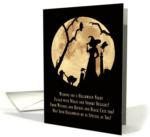 Halloween Witch Graveyard Owl Cat Ravens and Moon Cute Poem card