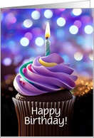 Birthday Cupcake with Candle and Purple Frosting Custom Text card