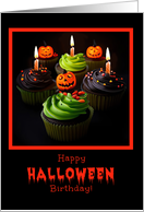 Halloween Birthday with Cupcakes and Jack O Lanterns Cute card