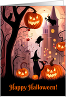 Halloween Fun Black Cat Jack O Lantern Pumpkins With City View card