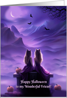 Halloween for Friend Cute and Pretty Night Scene with Friends Moon card