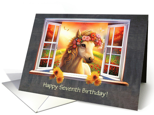 7th Birthday Cute Horse with Flowers and Butterflies in... (1773434)