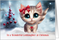Goddaughter Christmas Holiday with Cute Cat and Xmas Tree Custom card