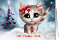 Happy Holidays Custom Name Cute Kitten and Tree card
