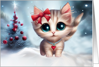 Happy Holidays Cute Kitten Cat in the Snow with Christmas Tree card