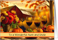 Aunt and Uncle Thanksgiving Day with Barn Flowers and Wine Custom card