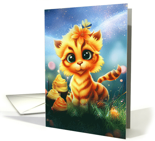 Kids Birthday with Cute Tiger with Cupcakes and Flowers Festive card