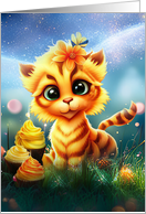 Kids Birthday with Cute Tiger with Cupcakes and Flowers Festive card