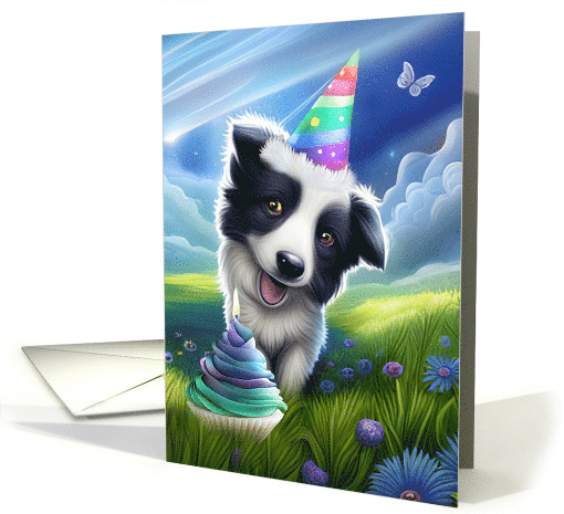 Happy Birthday with Cute Border Collie and Cupcake Party Hat card