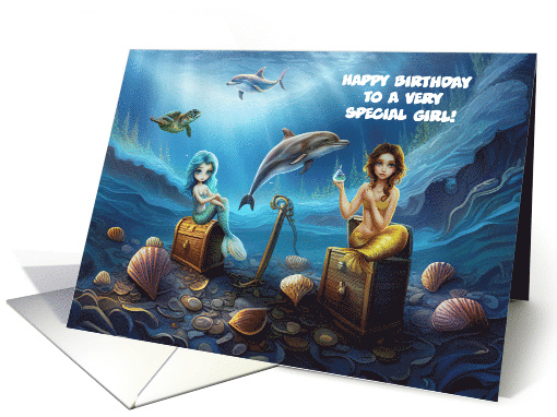 Birthday Kid Girl with Cute Mermaids Dolphins Cupcake Sea Custom card