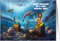 Birthday Kid Girl with Cute Mermaids Dolphins Cupcake Sea Custom card