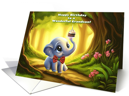 Grandson Birthday with Cute Elephant and Cupcake with Bow Tie card