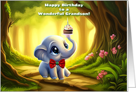 Grandson Birthday with Cute Elephant and Cupcake with Bow Tie card