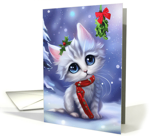 Christmas Kitten Cat Holiday Cute with Mistletoe in the Snow card