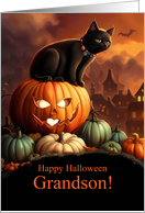 Grandson Happy Halloween with Cute Black Cat Jack O’ Lantern Bats card