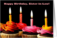 Sister in Law Happy Birthday With Birthday Cupcakes and Candles card