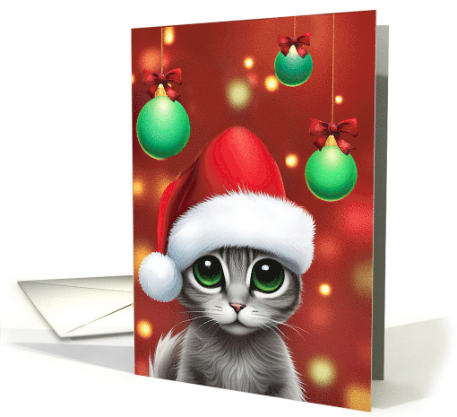 Christmas Happy Holidays with Cute Cat in Santa Hat and Ornaments card