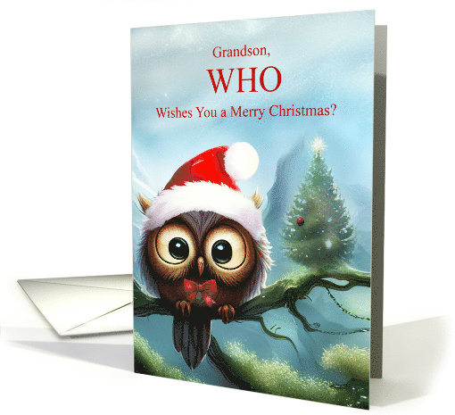 Grandson Christmas Holiday with Cute Owl and Xmas Tree Fun card