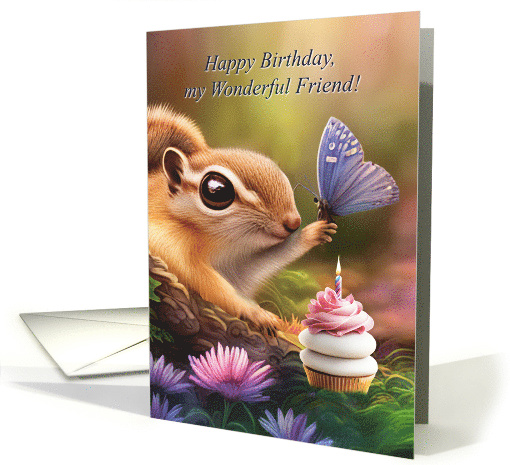 Friend Happy Birthday with Cute Chipmunk and Butterfly Cupcake card