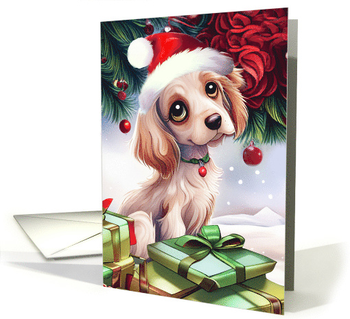 Christmas Cute Setter Pup with Santa Hat and Presents Sweet Face card