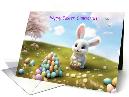 Grandson Cute Easter with Easter Bunny and Colored Eggs Custom card