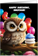 Brother Happy Birthday Cute Owl Balloons and Cupcake Custom Cover card