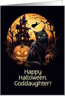 Goddaughter Happy Halloween Cute Black Cat Witch and House Custom card