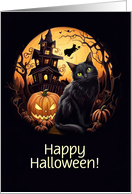Halloween with Cat and Haunted House Jack O Lantern Custom Text card