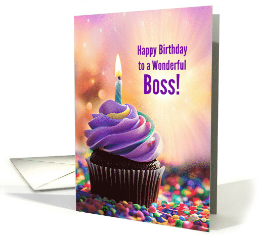 Boss Happy Birthday Fun and Festive Cupcake with Birthday Candle card