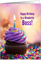 Boss Happy Birthday Fun and Festive Cupcake with Birthday Candle card