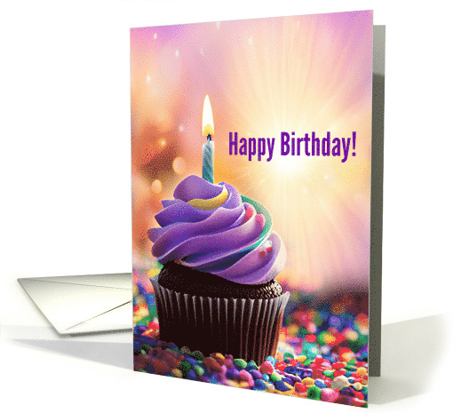 Happy Birthday Purple Frosted Chocolate Cupcake with Candle card