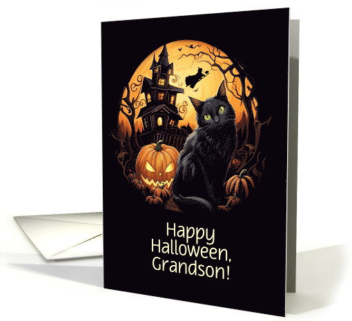 Grandson Happy Halloween Spooky Scene Haunt House Cat Custom card