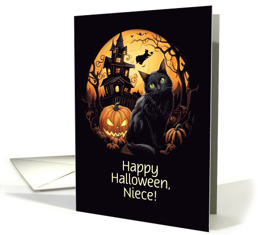 Niece Happy Halloween Black Cats Pumpkins Custom Text card (1783370)