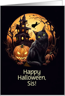 Sister Happy Halloween Cat and Witch With Haunted House Custom card
