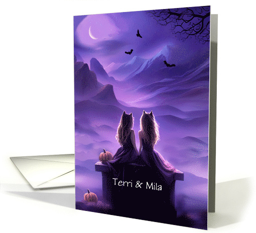 Twin Girls Happy Halloween Custom Name Cute Cat Ears Purple card