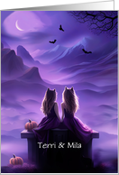 Twin Girls Happy Halloween Custom Name Cute Cat Ears Purple card