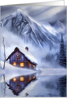 Seasons Greeting Cabin in the Mountains on the Water in Snow card