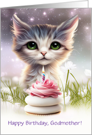 Godmother Happy Birthday with Pretty Cat and Pink Cupcake Custom card