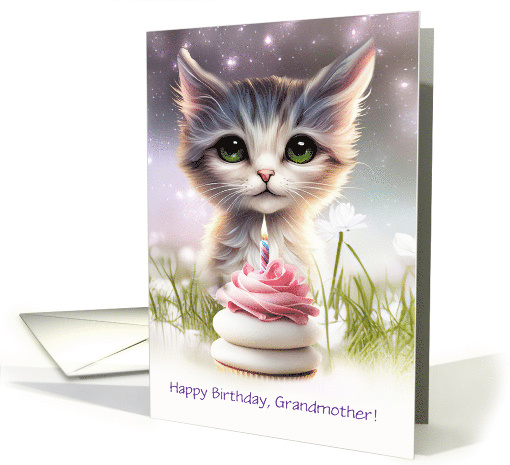Grandmother Birthday Custom Text with Pink Cupcake and Cat card