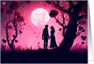 Valentines Day Love Romance Couple with Hearts and Moon Holding Hands card