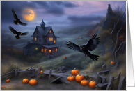 Halloween Owls with Spooky Haunted House Moon and Pumpkins Cute card