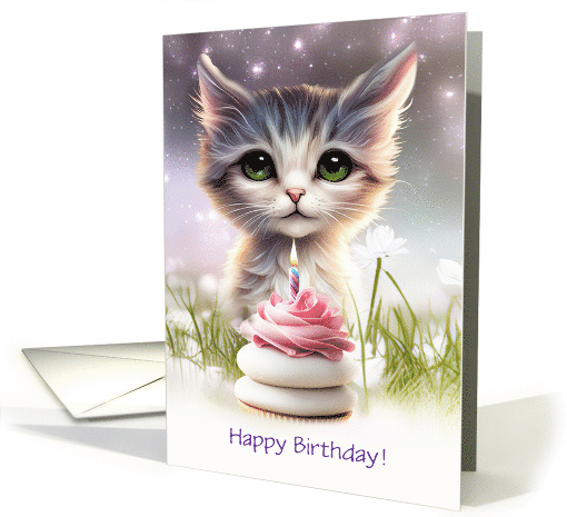 Birthday Kitten Cat with Pretty Flowers and Stars Pink... (1783612)