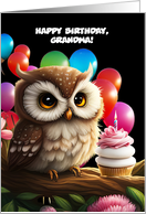 Grandma Happy Birthday with Cute Owl and Pink Cupcake Customizable card